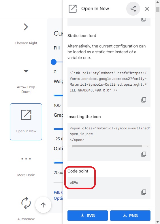 Google Fonts Icons のアイコン詳細画面